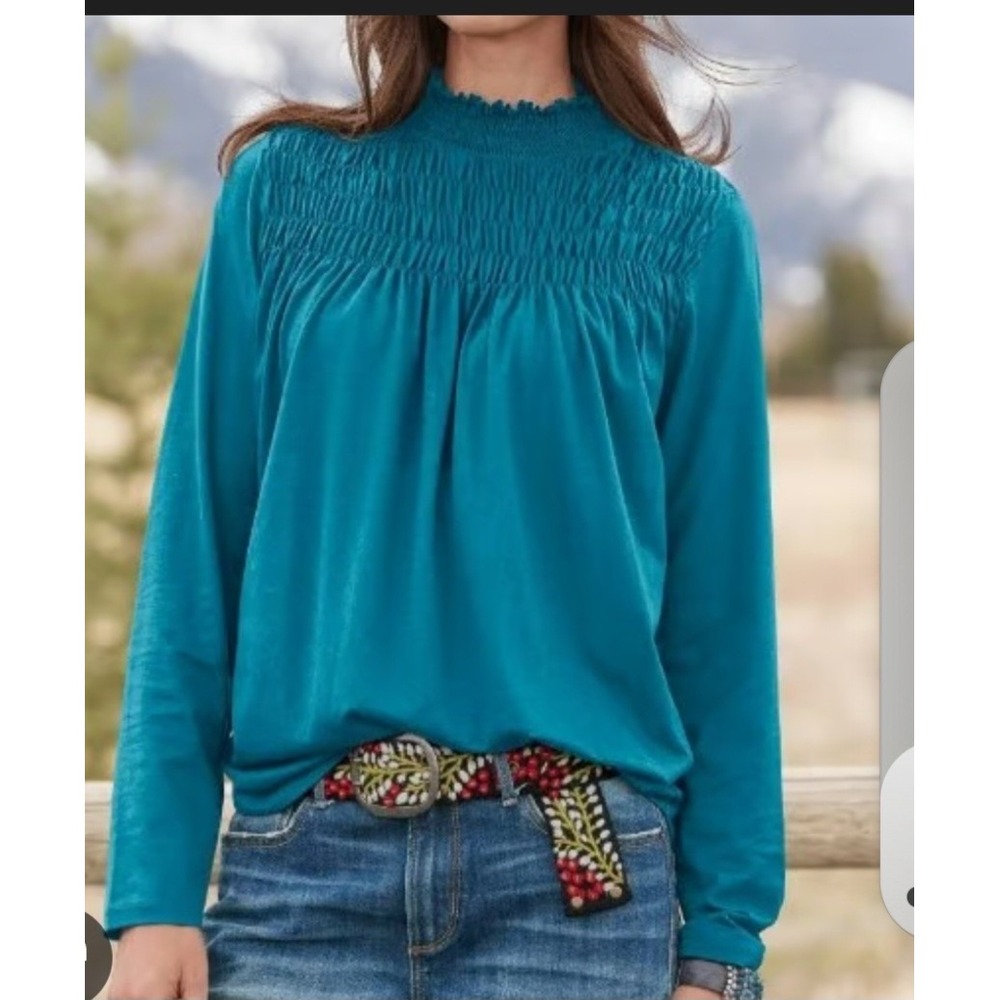 Sundance Teal Green Pintuck Mock Neck Long Sleeve Lyocell Cotton Top Small‎ Boho